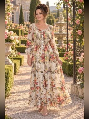 NWT Bohemian Floral Maxi Dress in Cream with Red & Green Accents L